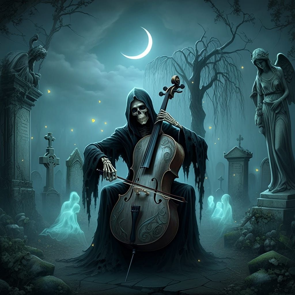 Death's Serenade: Gothic Cello Performance in Cemetery