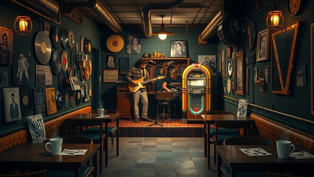 Rustic Grunge Coffeehouse Scene in Dimly Lit Underground Lai...