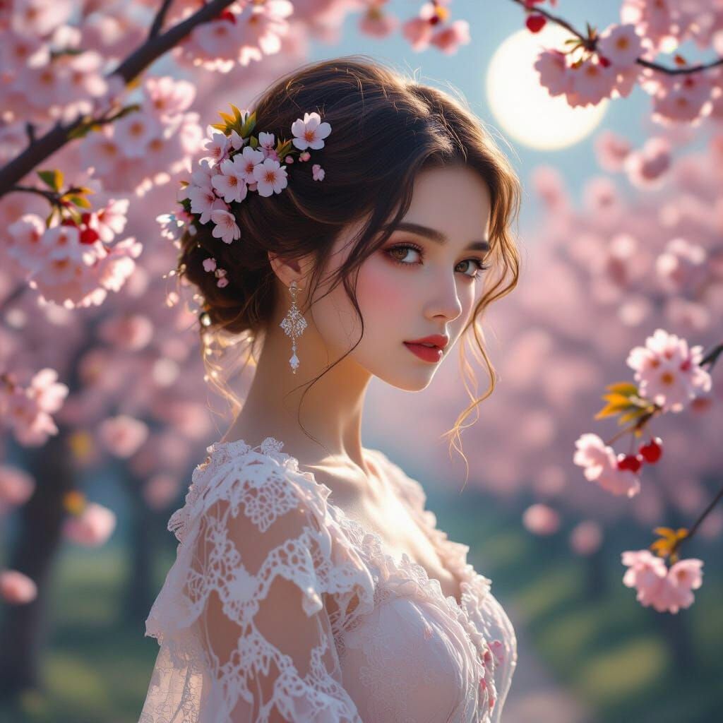 Victorian Lady in Moonlit Cherry Orchard