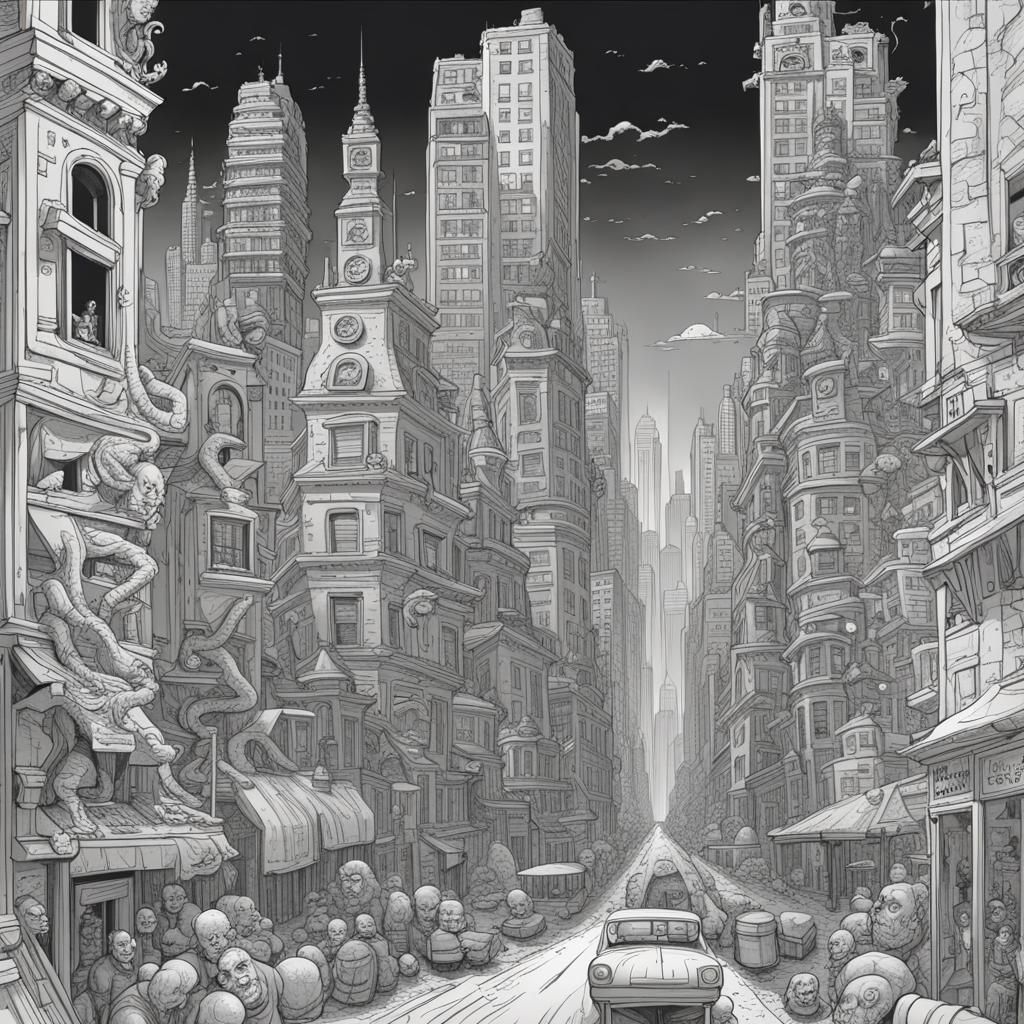 Intricate Line Art: Cartoon Cityscapes of the Weird