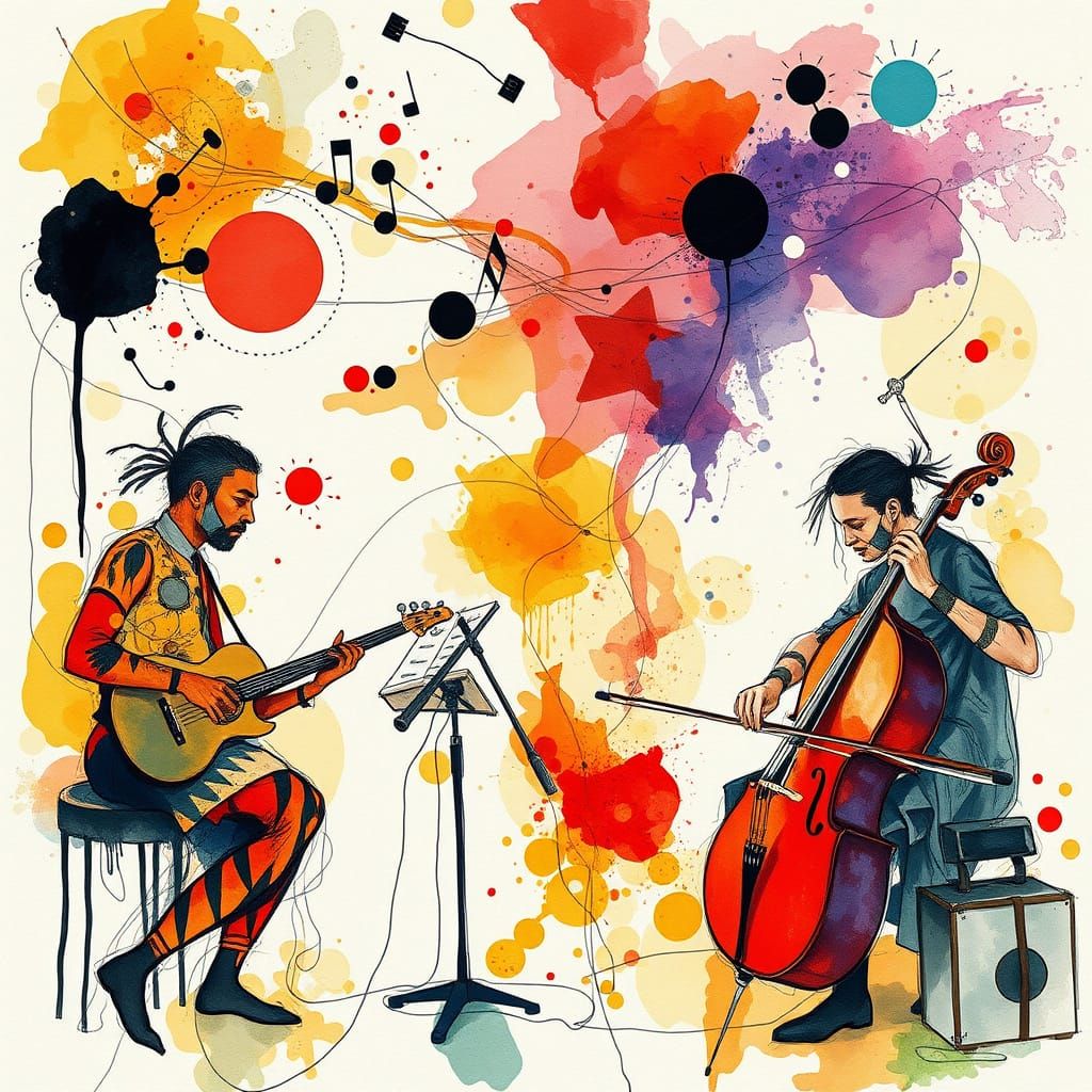 Vibrant Alcohol Ink Painting of Cross-Cultural Musicians