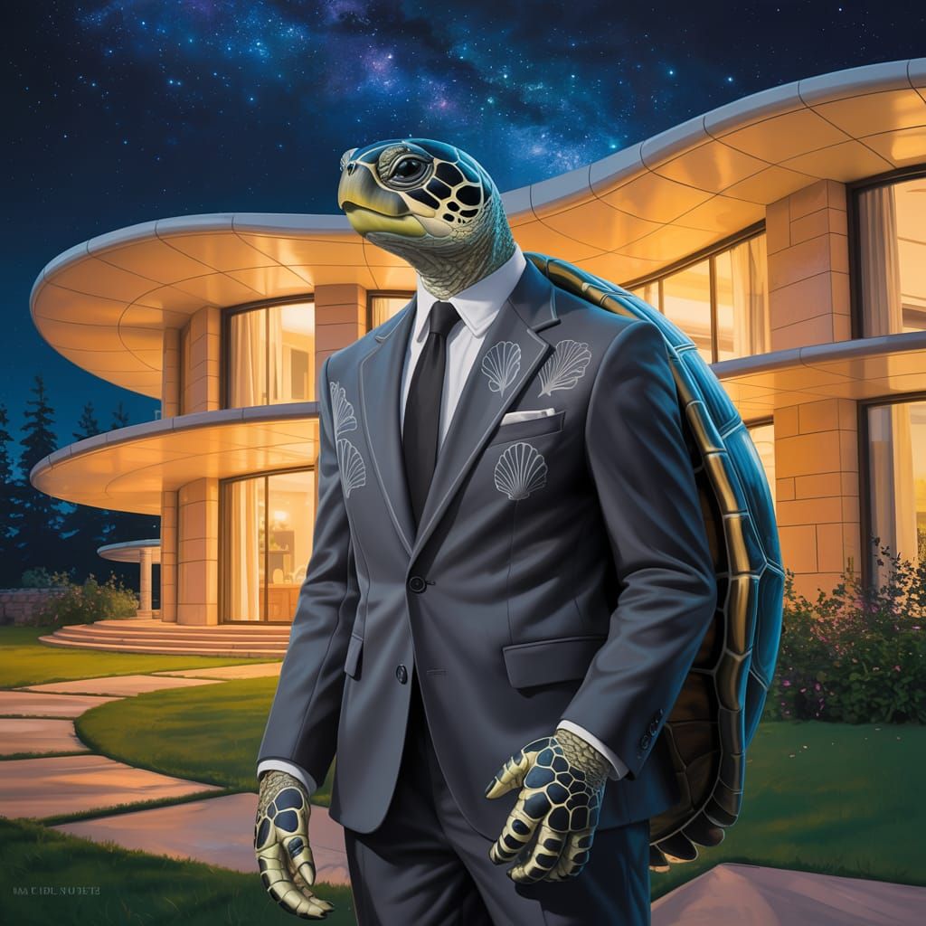 Sophisticated Turtle Being in Tailored Suit Before Modern Ho...