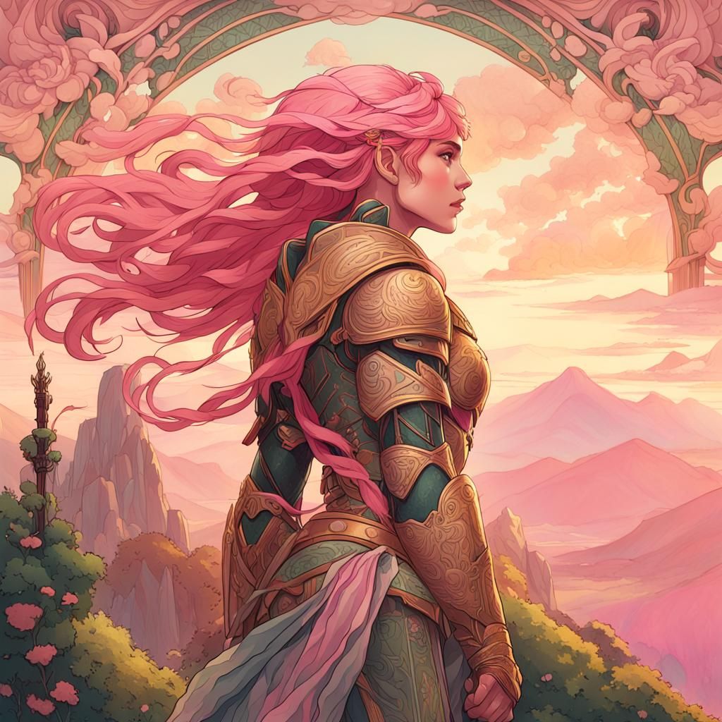 Pink-Haired Warrior: Art Nouveau Fantasy Concept