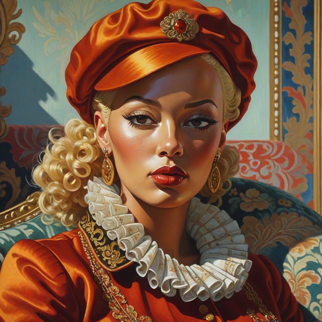 Sovietpunk Woman on Velvet Couch as Oil Painting