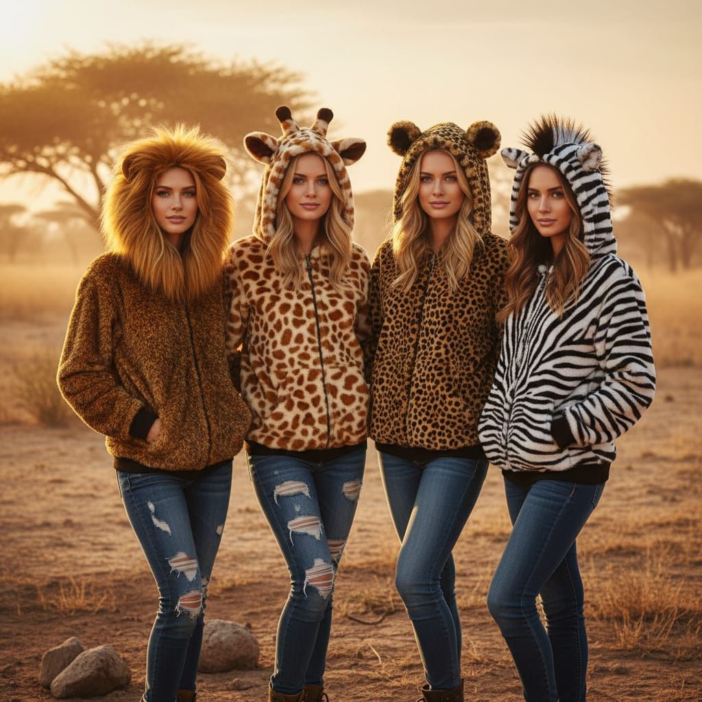Girls in Animal-Themed Hoodies