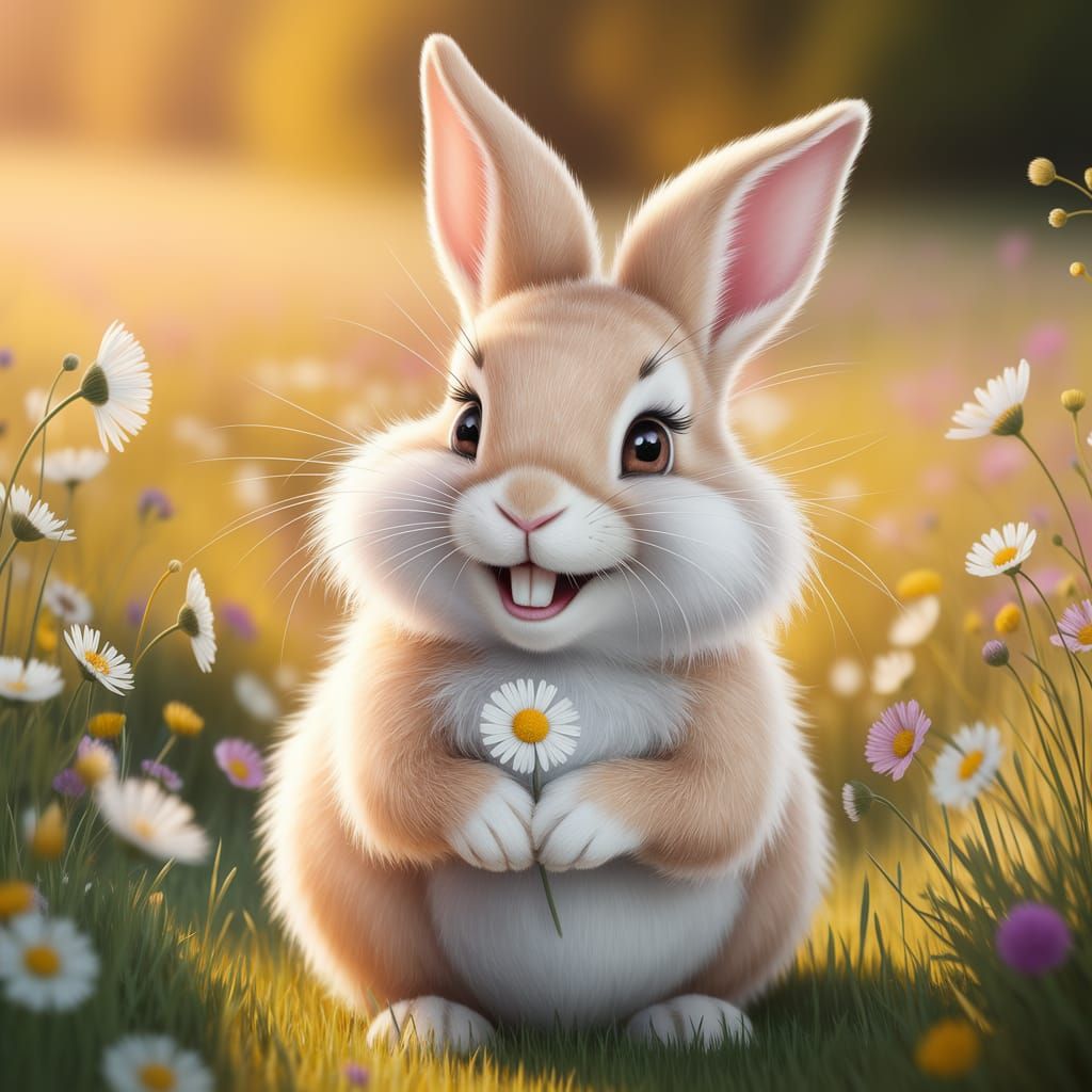 Happy Bunny in Sunny Meadow with Daisy
