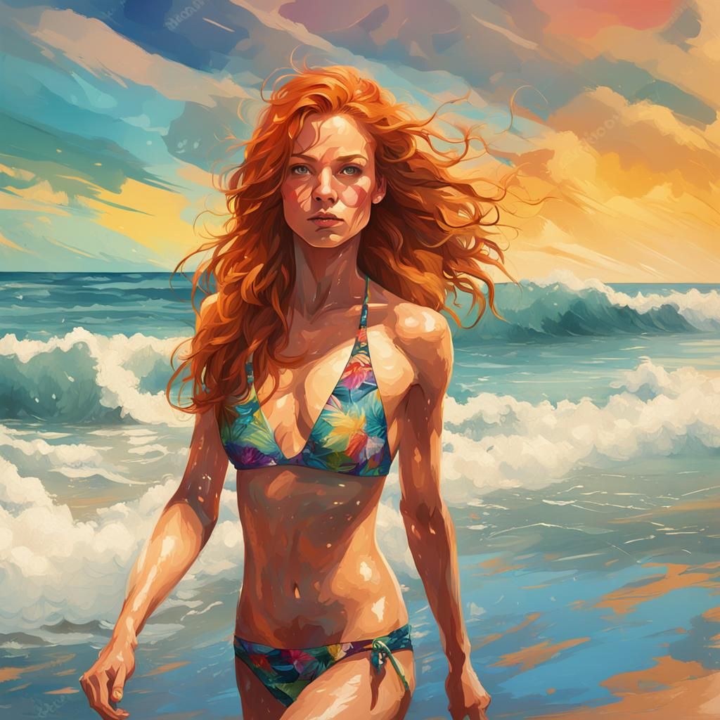 Ginger Haired Woman on Beach in Splash Art Style