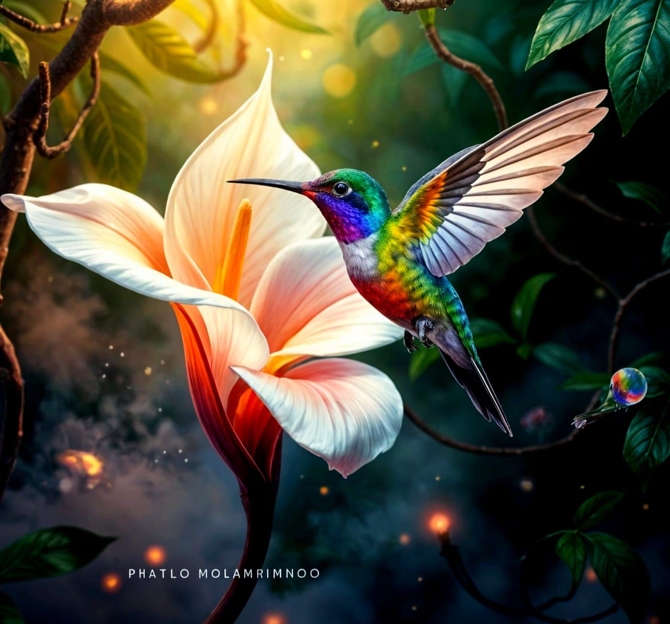 Rainbow Hummingbird in Tropical Astral Illustration