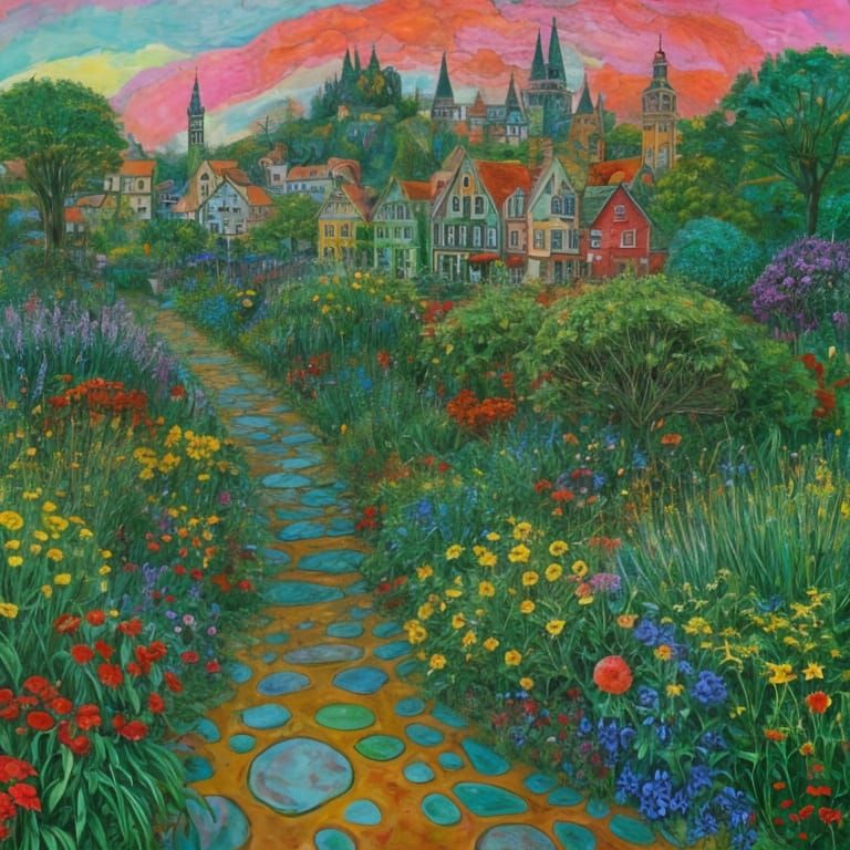 Vibrant Garden Landscape in Expressive Art Style