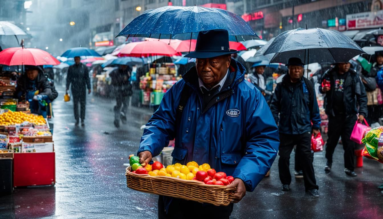 Contemporary Street Vendor on Rainy Day with Magic