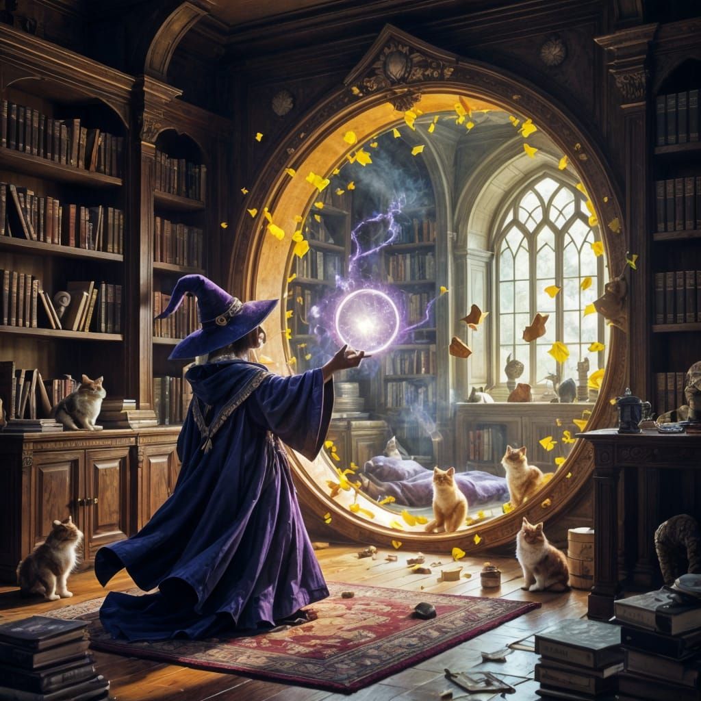 Feline Wizard Opens Dimensional Portal to Cat Paradise