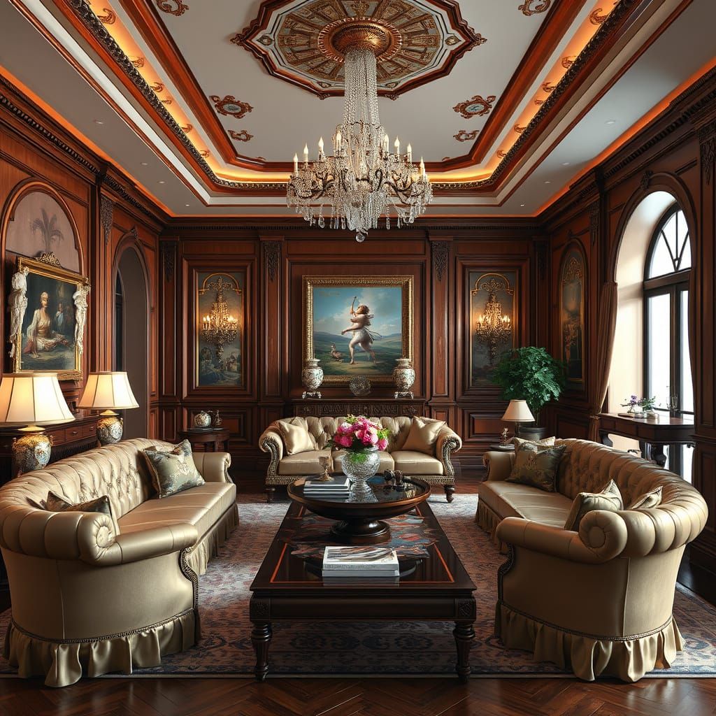 Luxurious 3D Living and Dining Room with Chandeliers