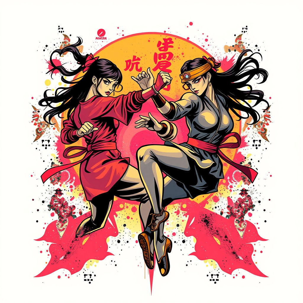 Dynamic Kung Fu Fight in Pop Art Graffiti Style