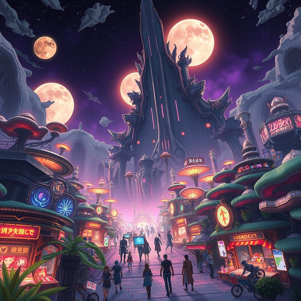 Bustling Alien Marketplace in High-Energy Anime Style