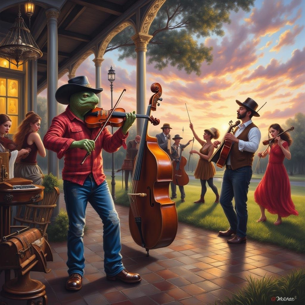 Turtle Fiddler's Cajun Celebration: Tonalist Oil Painting