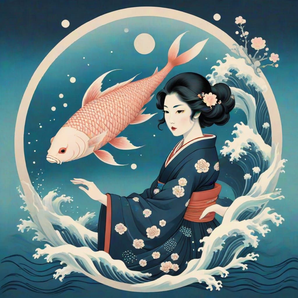 Ukiyo-e Pisces Zodiac Symbol Illustration