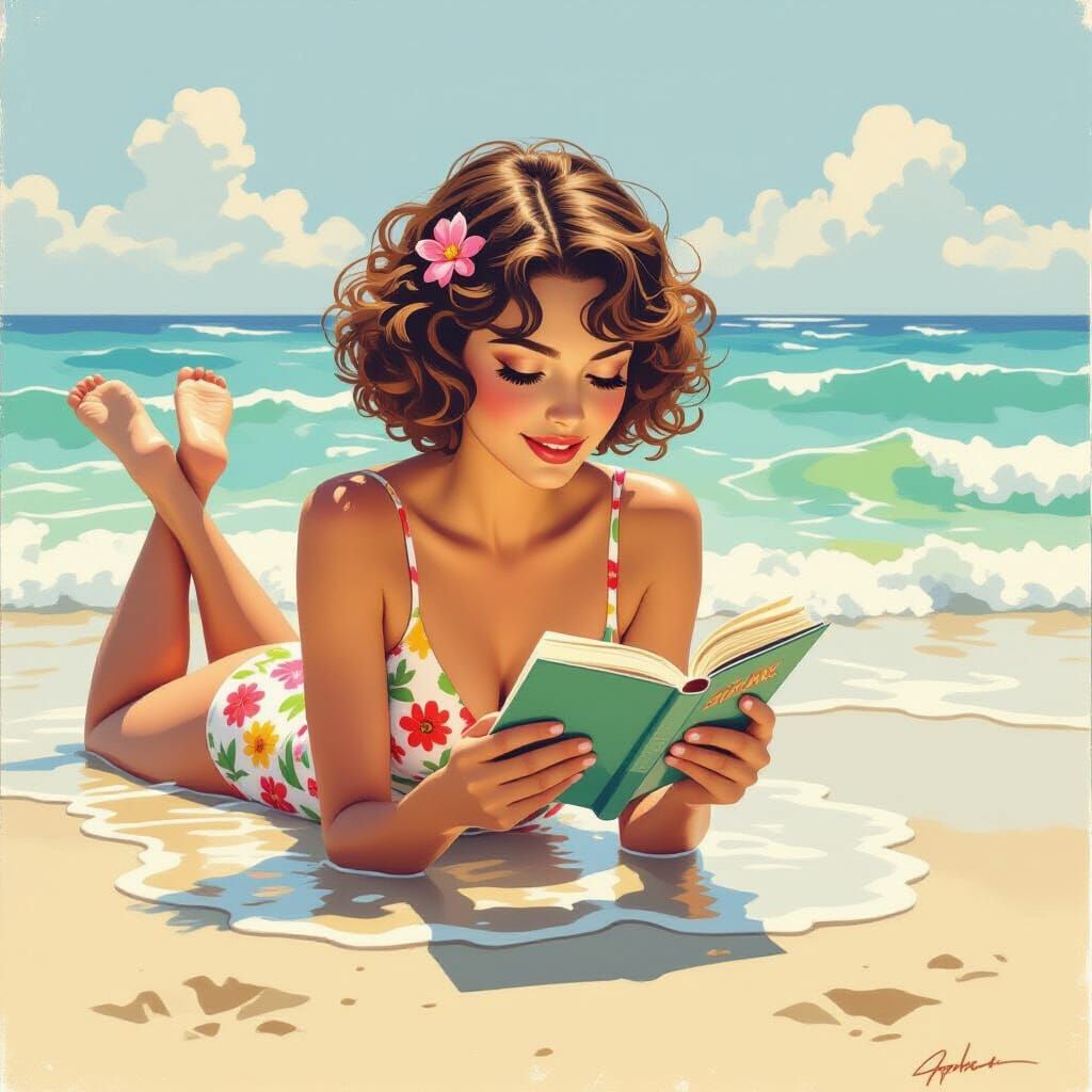 Girl Reading on Shore in Gouache Style