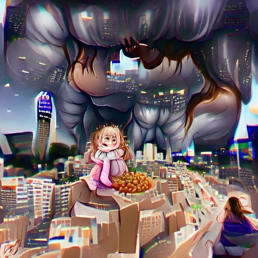 Giant Girl Eats Cityscape in Surreal Scene