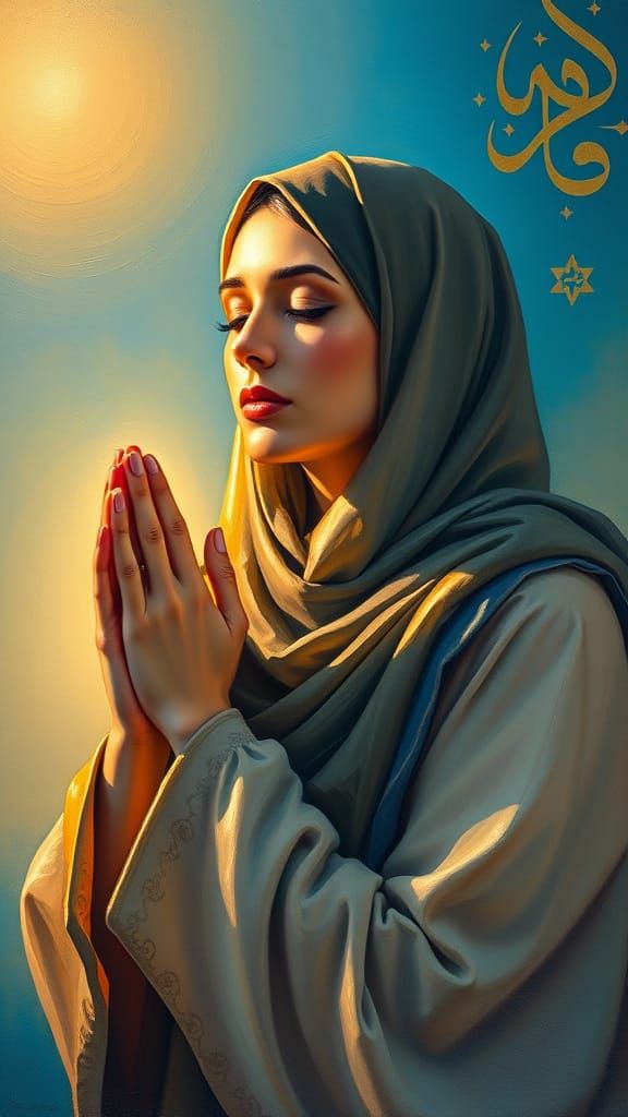 Serene Muslim Woman in Golden Light, Ramadan Devotion