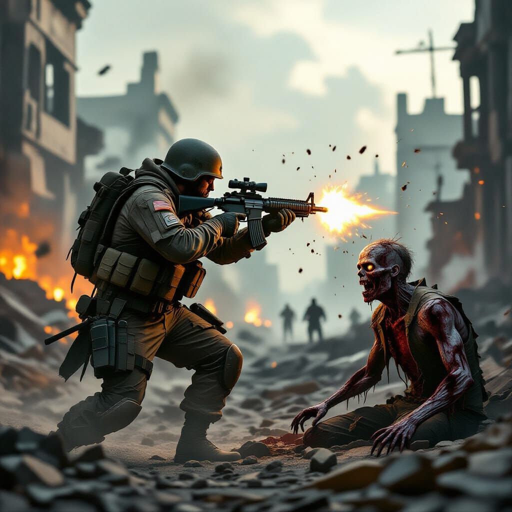 Soldier Shoots Zombie in Ruined Cityscape