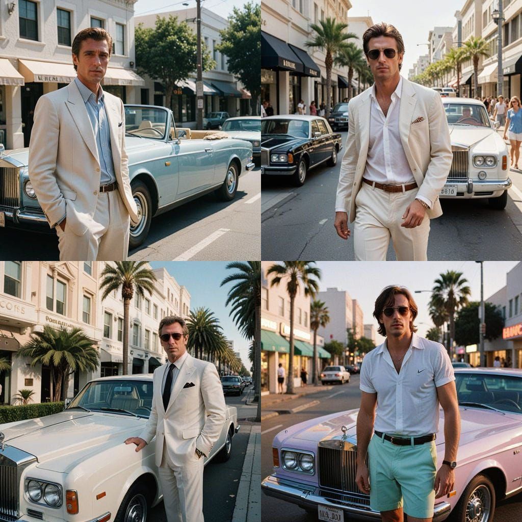 Elegant Man Poses beside Vintage White Rolls Royce on Rodeo....