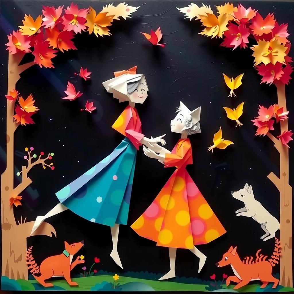 Joyful Origami Dance of Old Lady and Fox