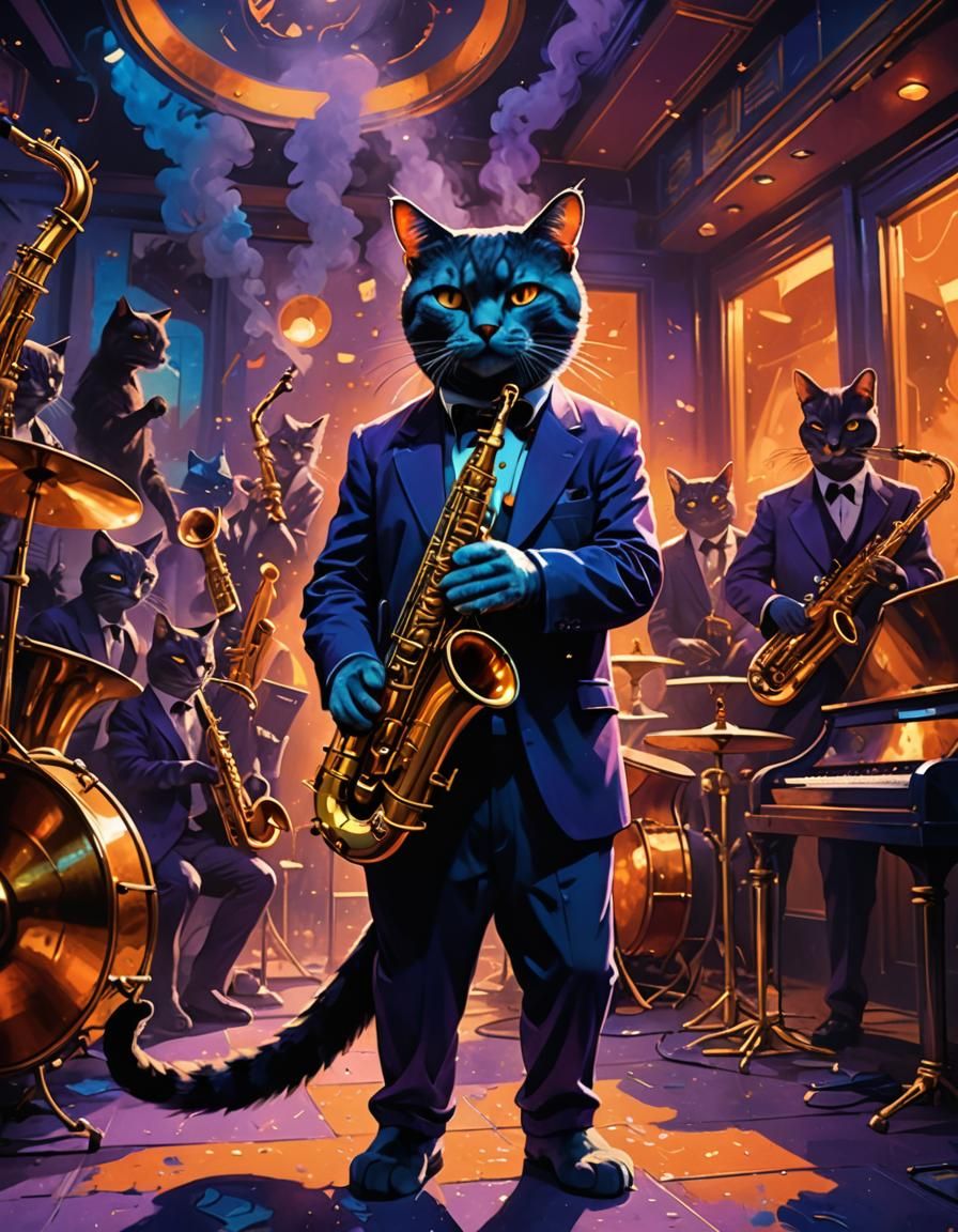 A cat playing a saxophone in a smoky jazz club