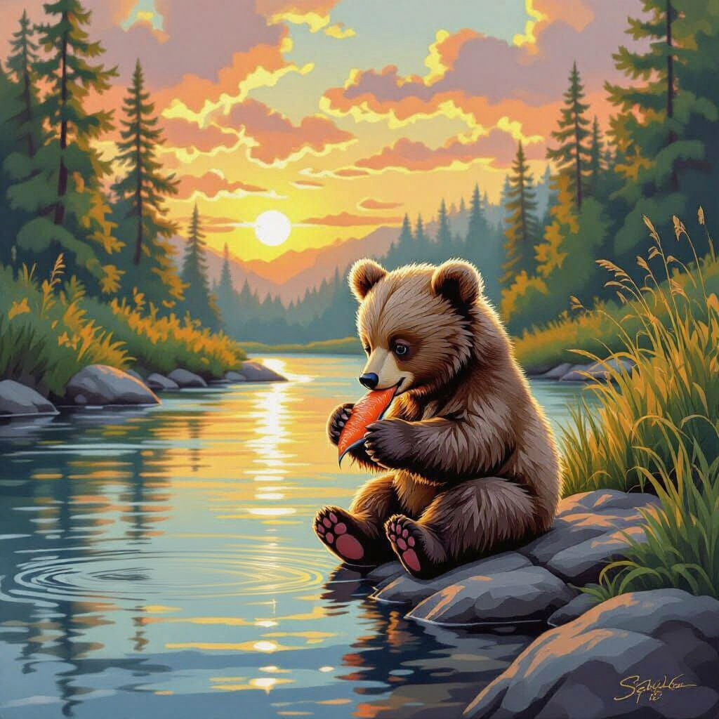 Bear Cub Enjoys Salmon Dinner at Sunset