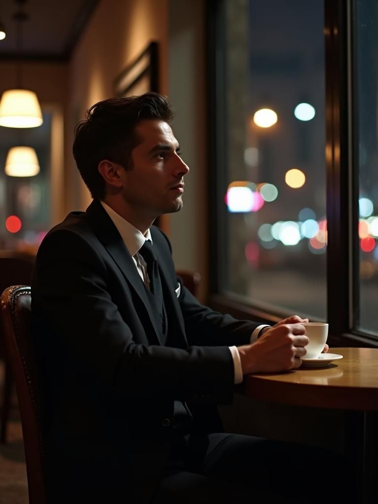 Contemplative Man in Black Suit at Night