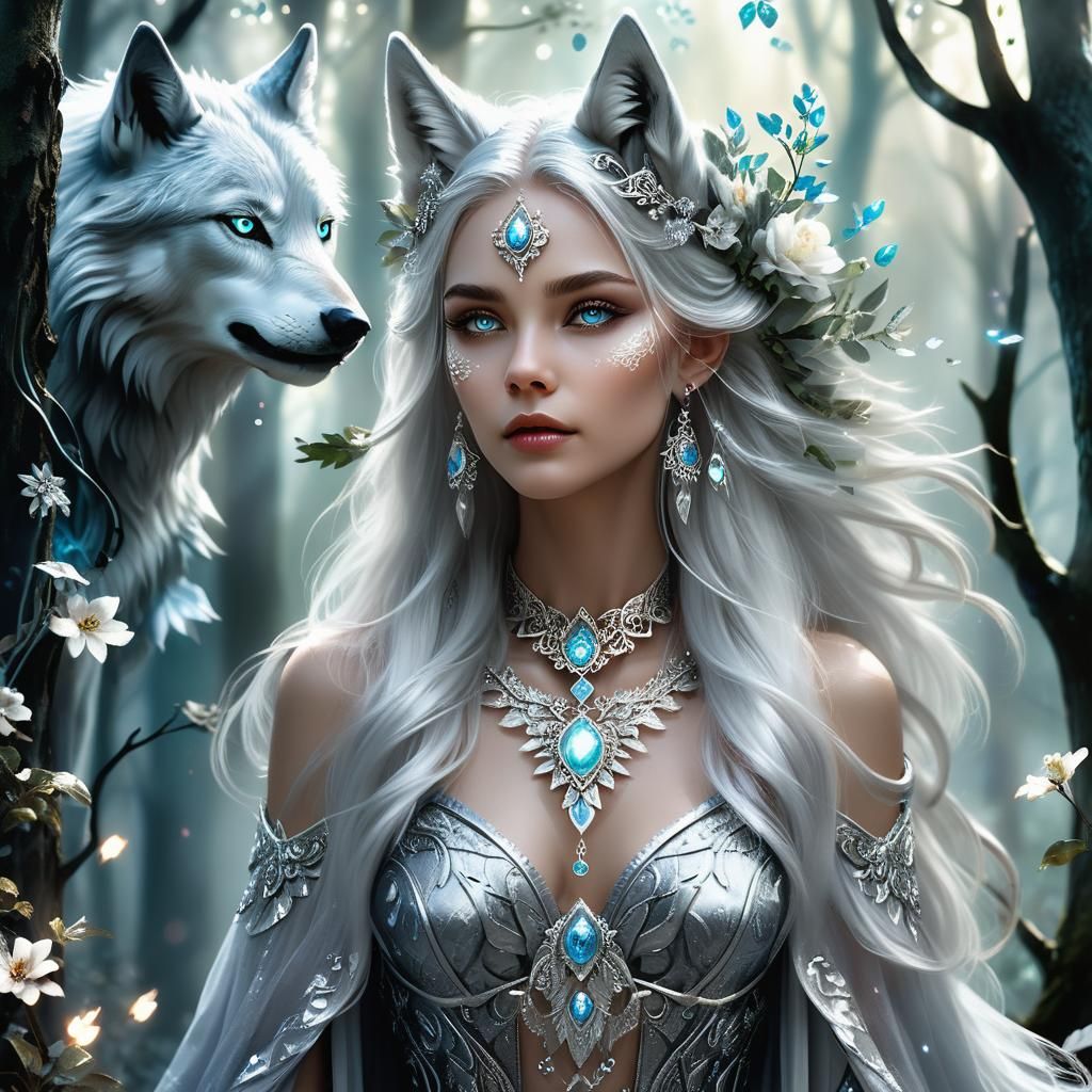 Silver Wolf Woman in Enchanted Forest, Digital Art