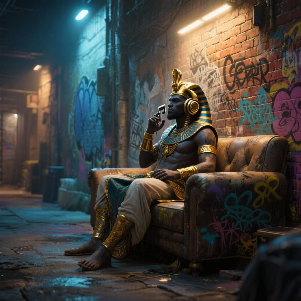 Egyptian Deity Enjoys Music in Urban Alleyway