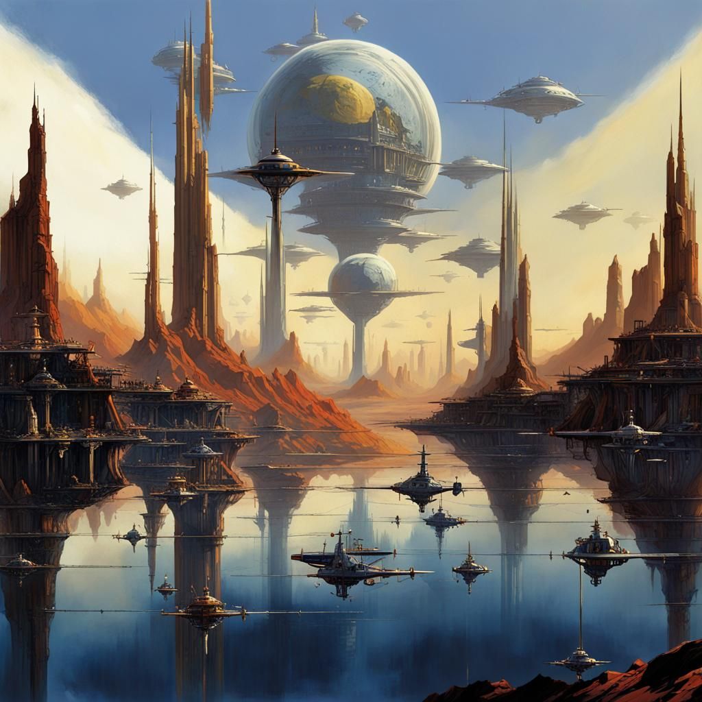 Serene Steampunk City on Alien Planet