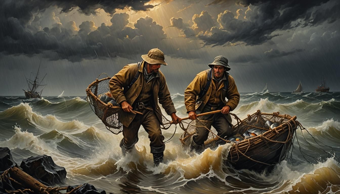 Dramatic Baroque Fisherman Battling Turbulent Sea