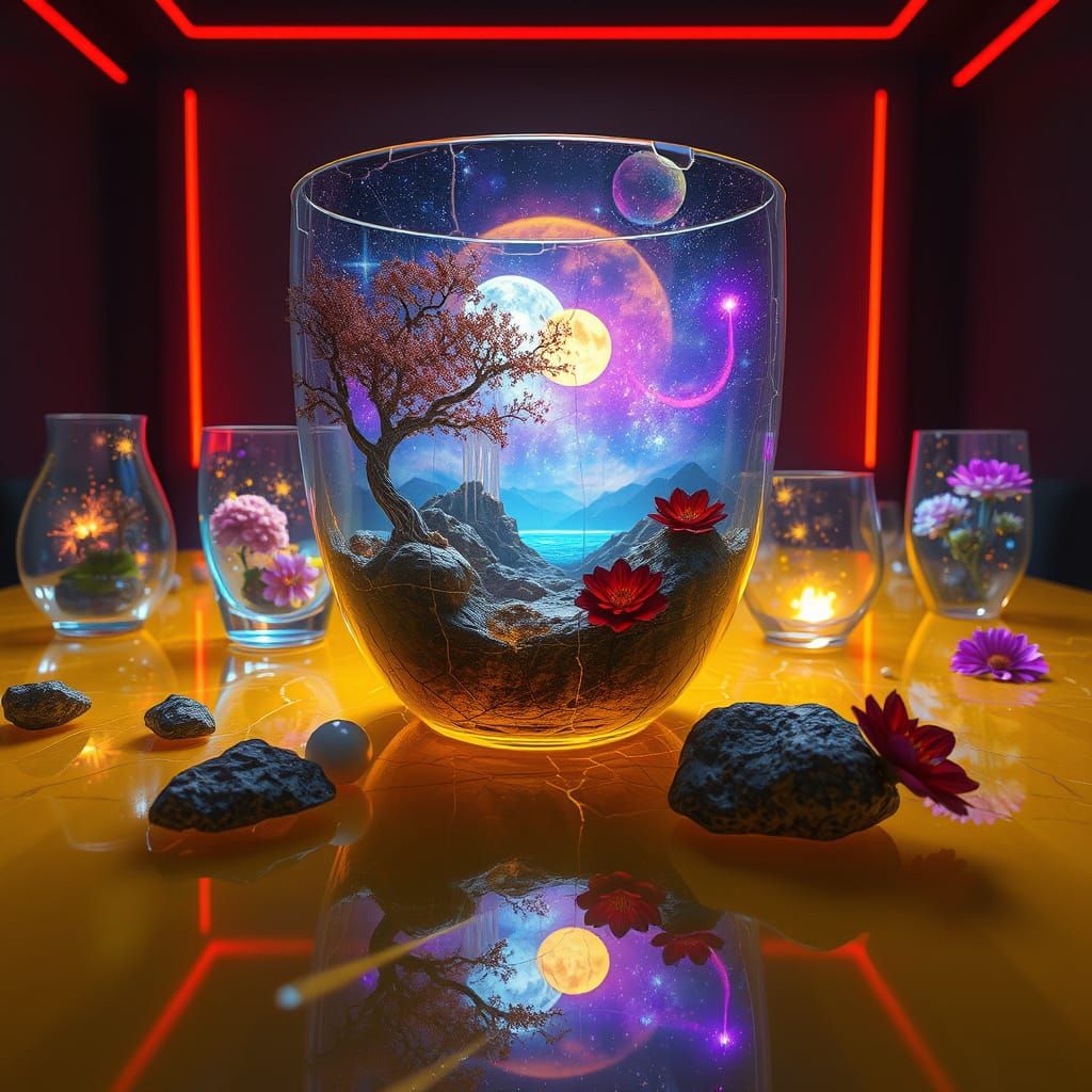 Cosmic Paradise in Fractured Cup on Yellow Glass Table
