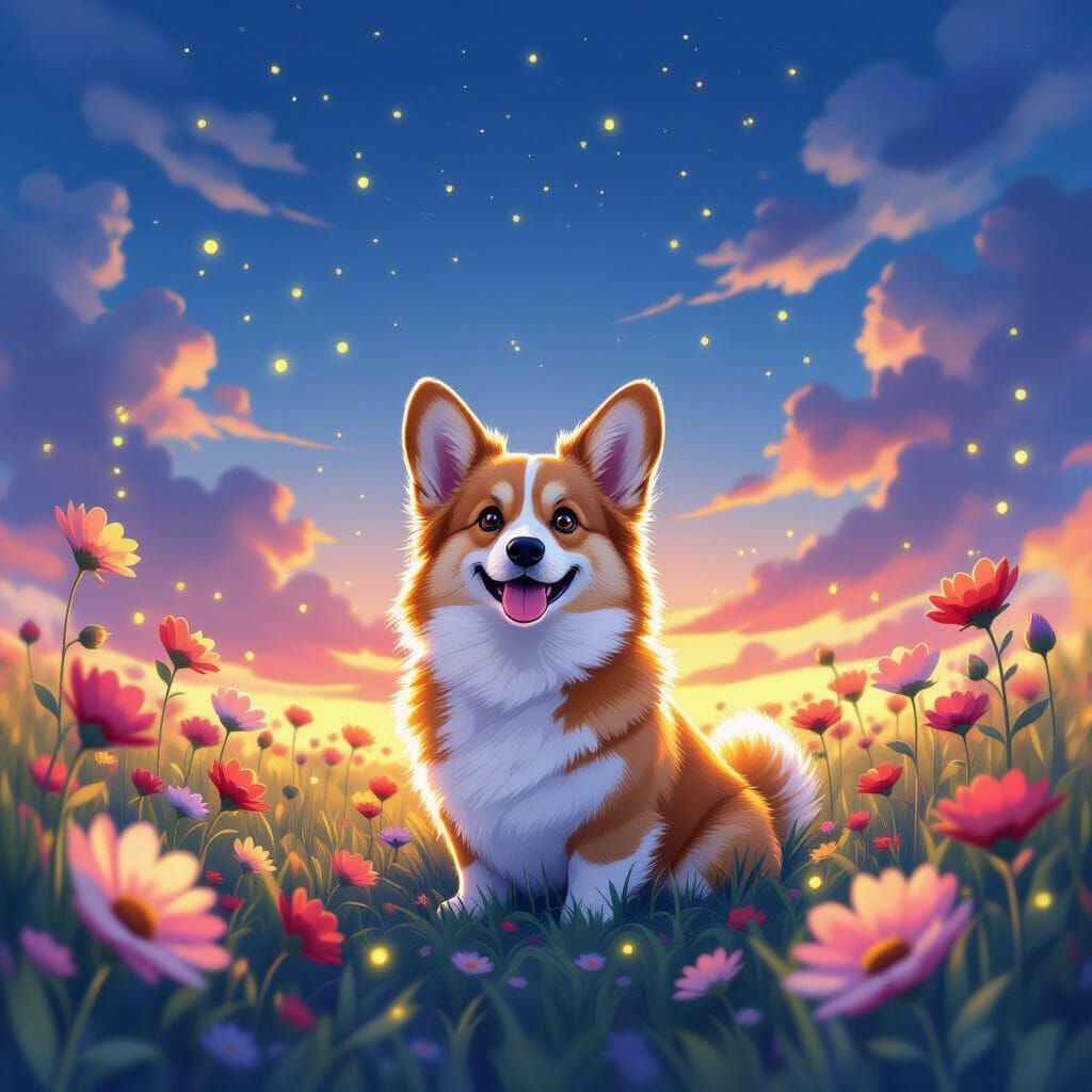 Corgi in Luminous Wildflower Field: Digital Watercolor