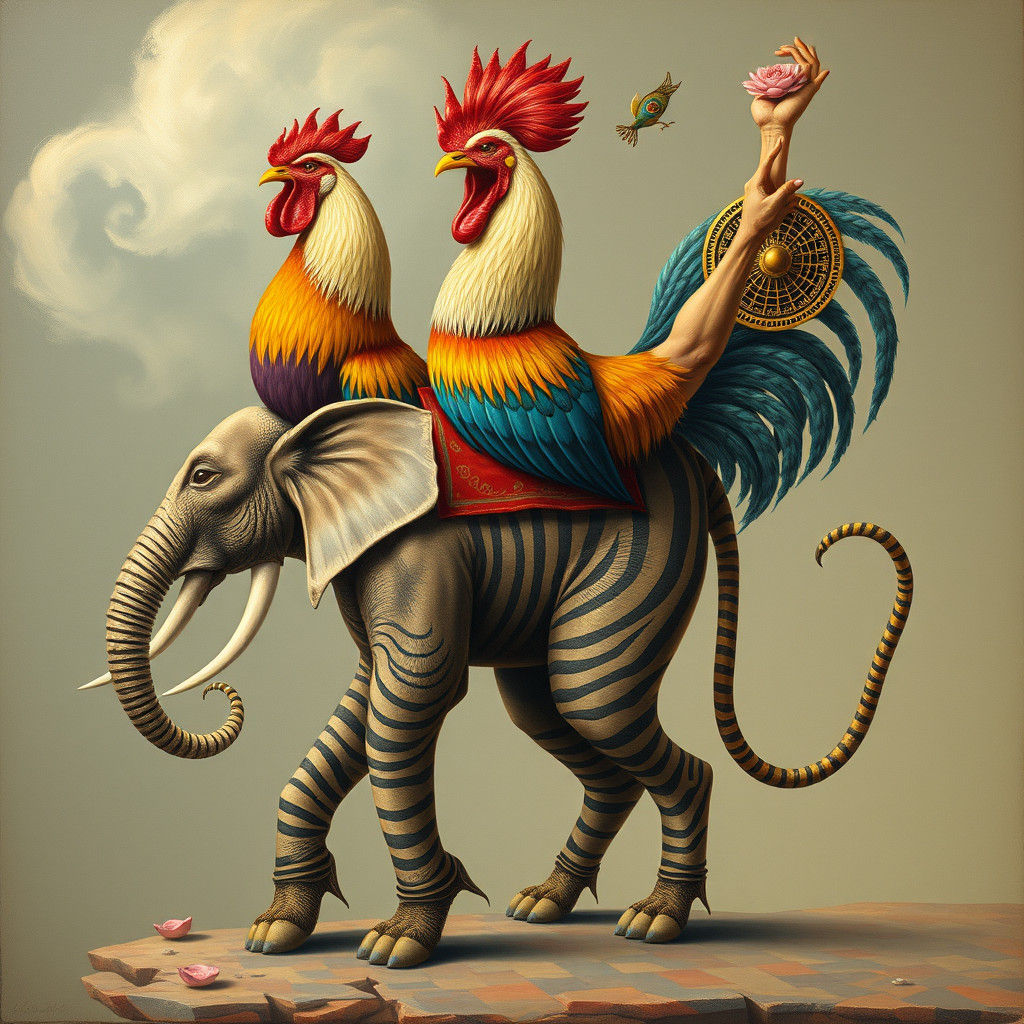 Hybrid Creature with Rooster Head in Surrealist Style