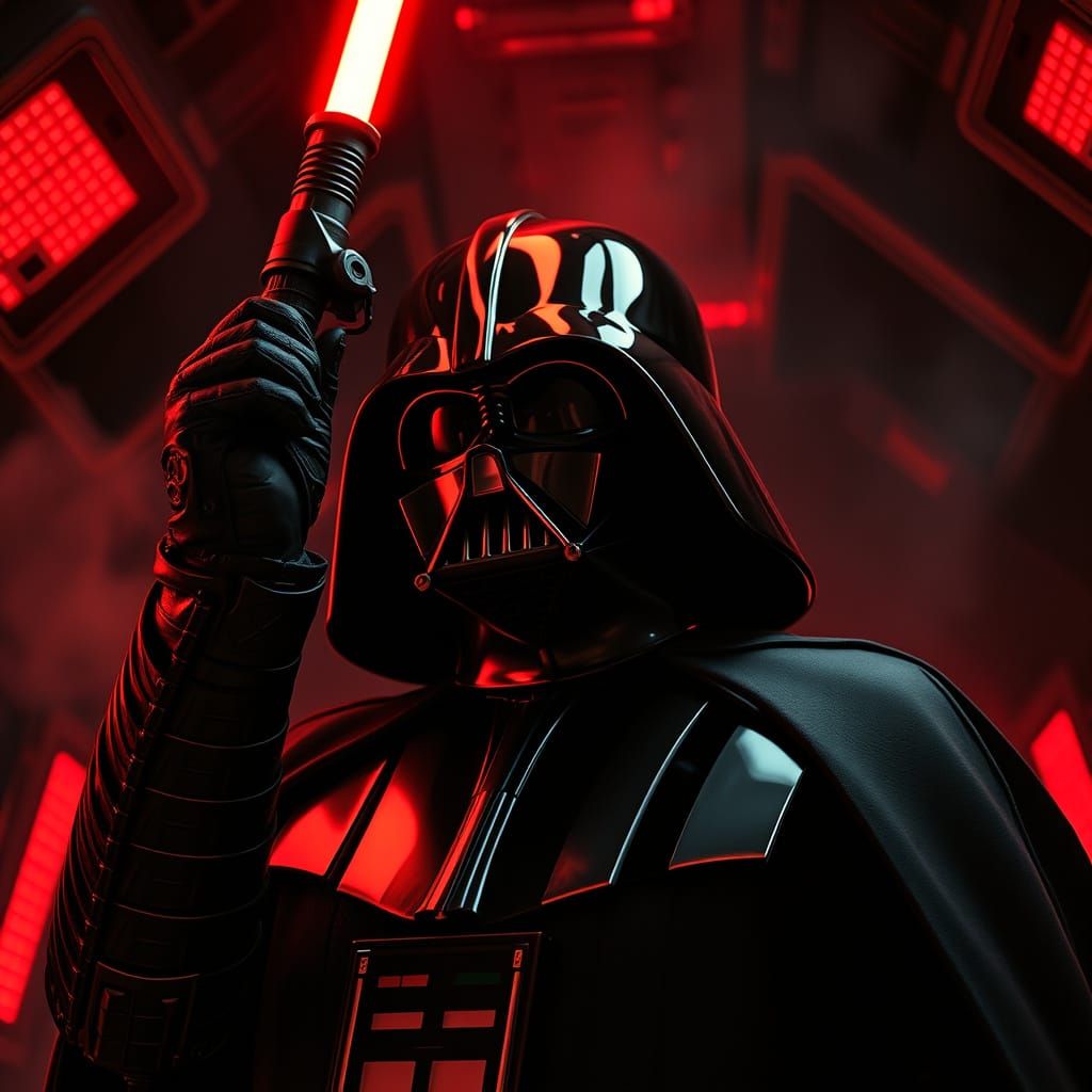 Cyberpunk Darth Vader in Intense Battle Stance