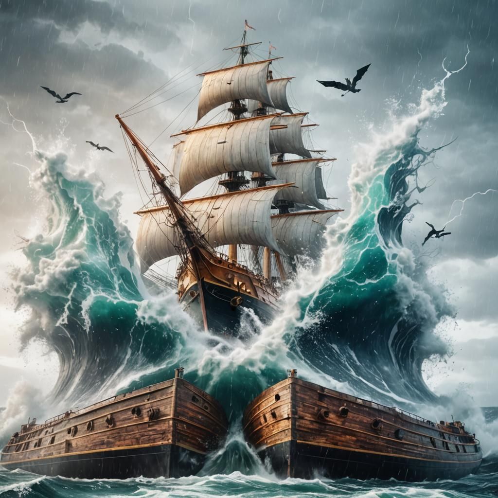 Ship Navigates Stormy Seas in Dark Fantasy Style