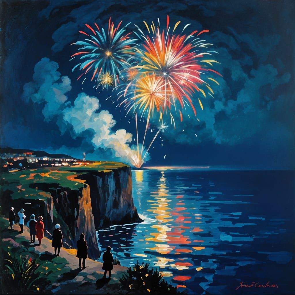 Coastal Fireworks Display in Impressionist Style