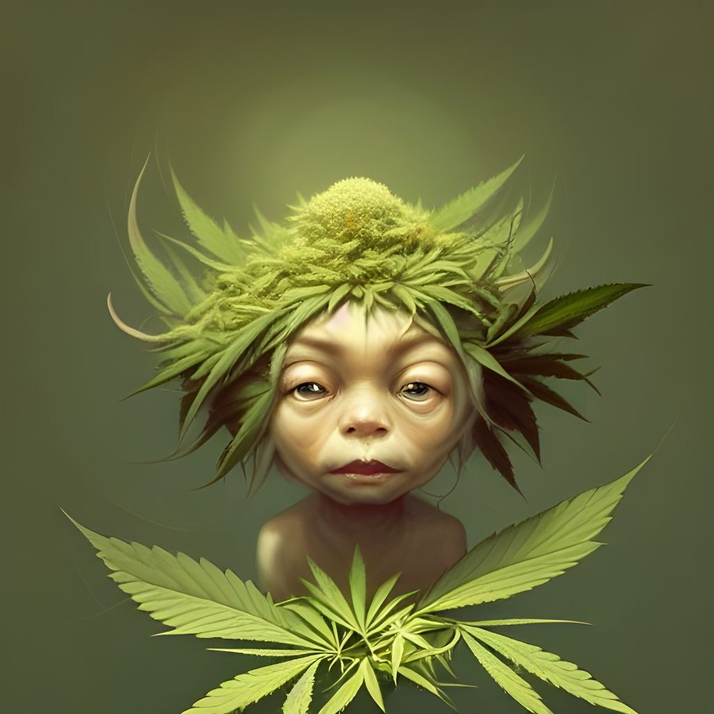Cute Hemp Creature with Cannabis Bloom, Chibi Digital Art