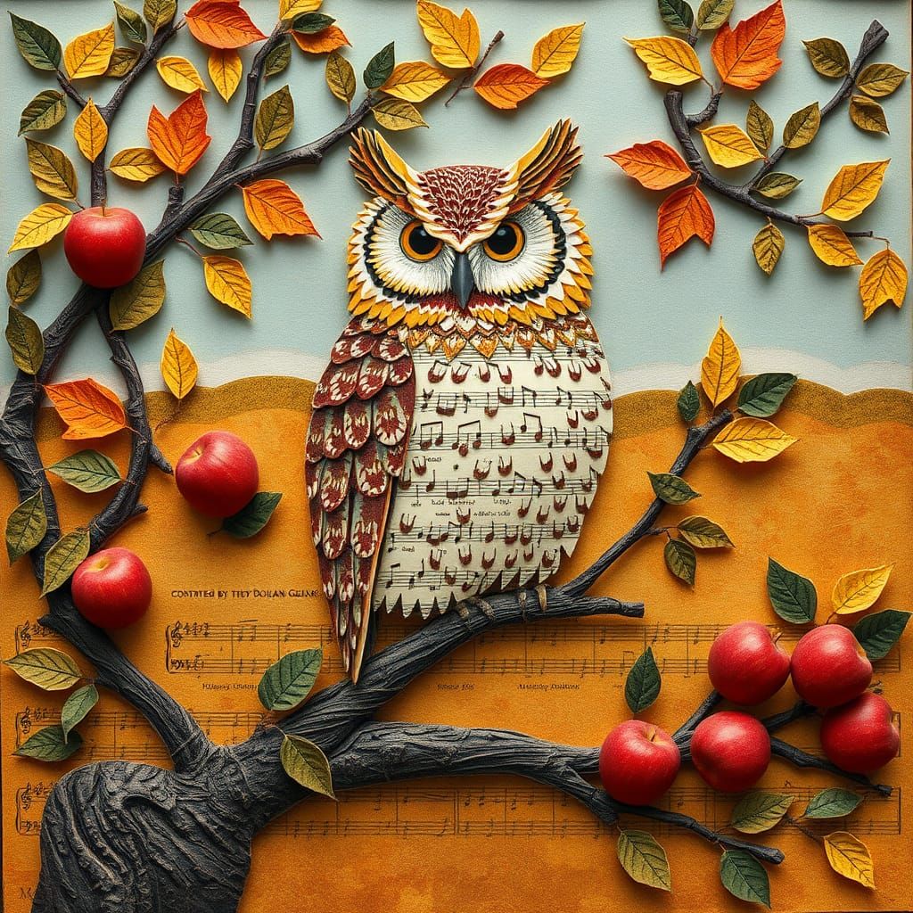 Autumn Owl in Apple Orchard Paper Collage