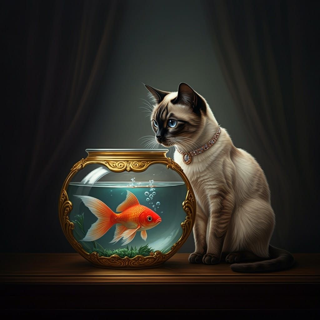 Siamese Cat Gazing at Fish, Oil Painting Style