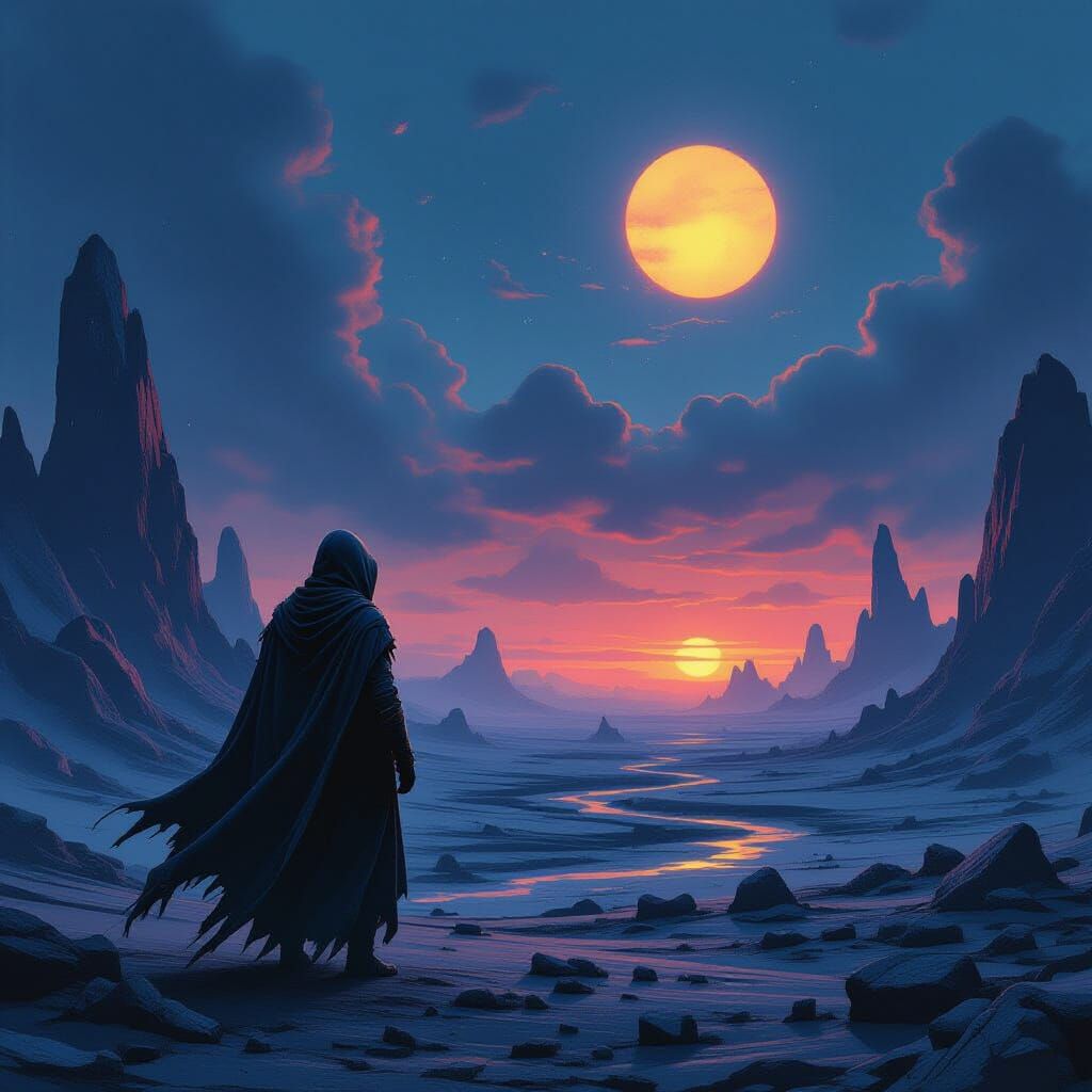 Alien Planet Binary Sunset in Dark Fantasy Style