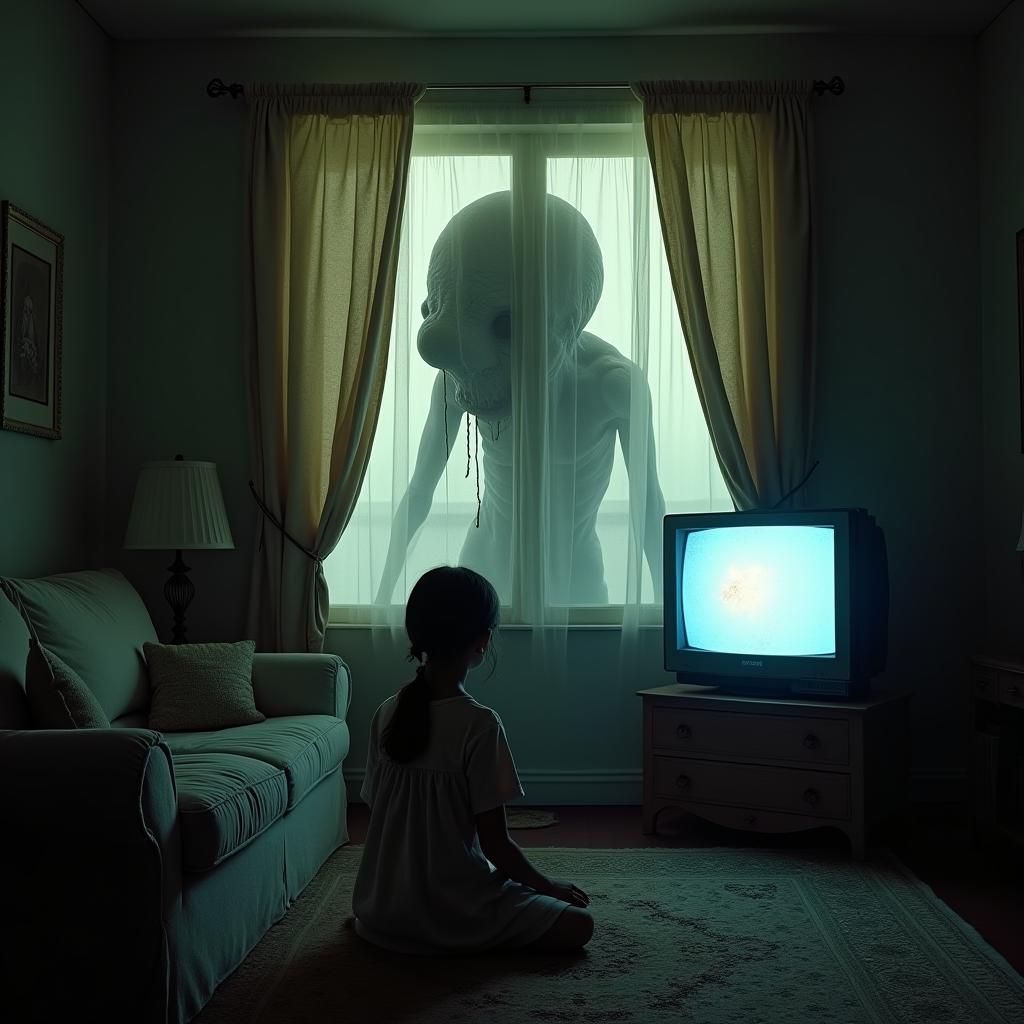 Eerie Alien Lurking Behind Curtains, Cinematic Style