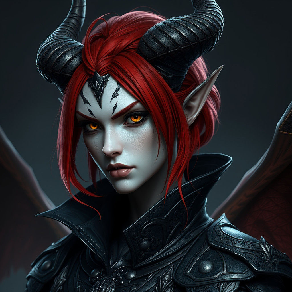 Red-Haired Demon Woman Portrait in Dark Fantasy Style
