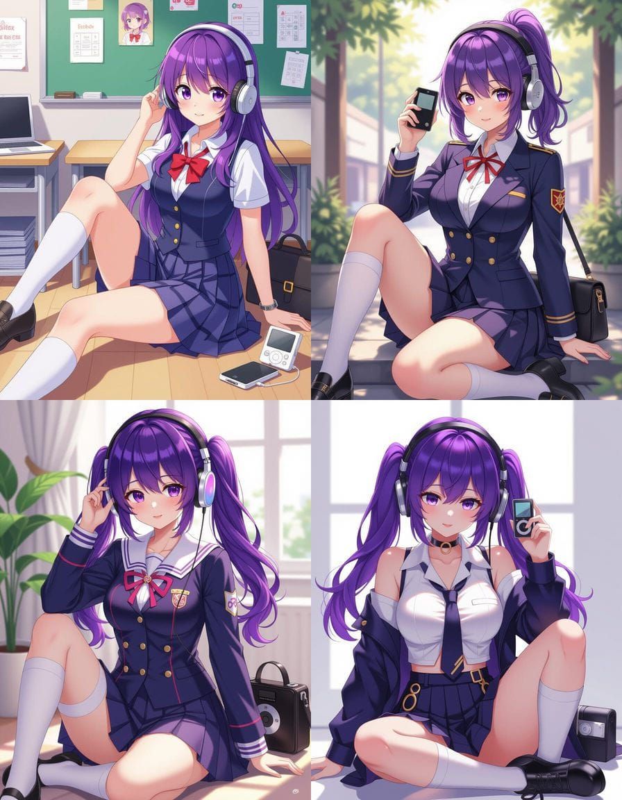 Kawaii Woman with Purple Hair in Anime Style