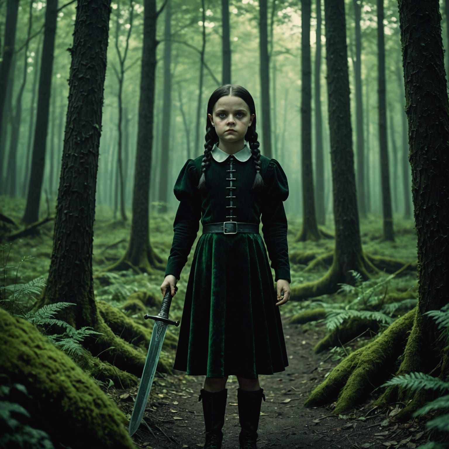 Wednesday Addams in a Dark Forest, Cinematic Still