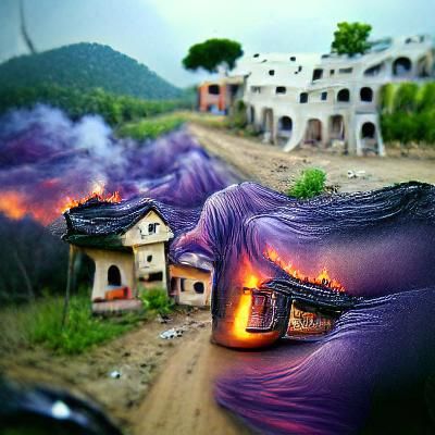 Hyperrealistic Abandoned Village Engulfed in Purple Flames