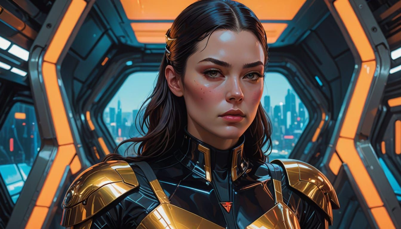 Elegant Futuristic Warrior in Royal Gold Latex Uniform with....