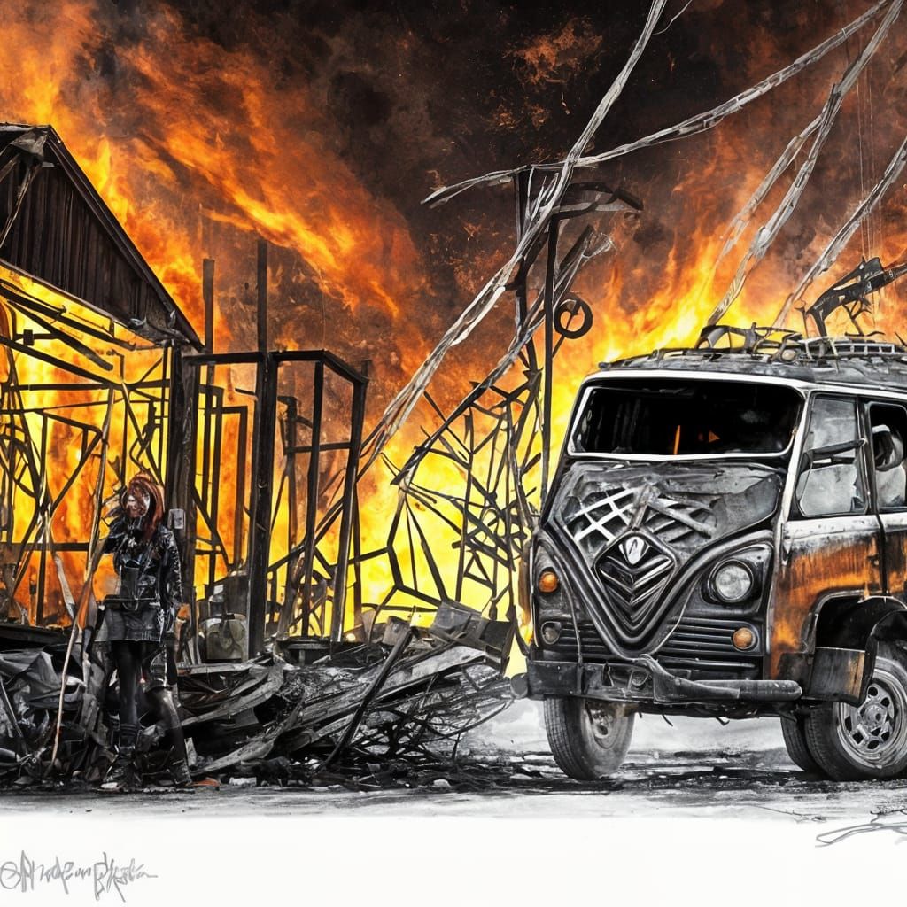 Punk Rocker Singer in Dystopian Scene with Burning Van